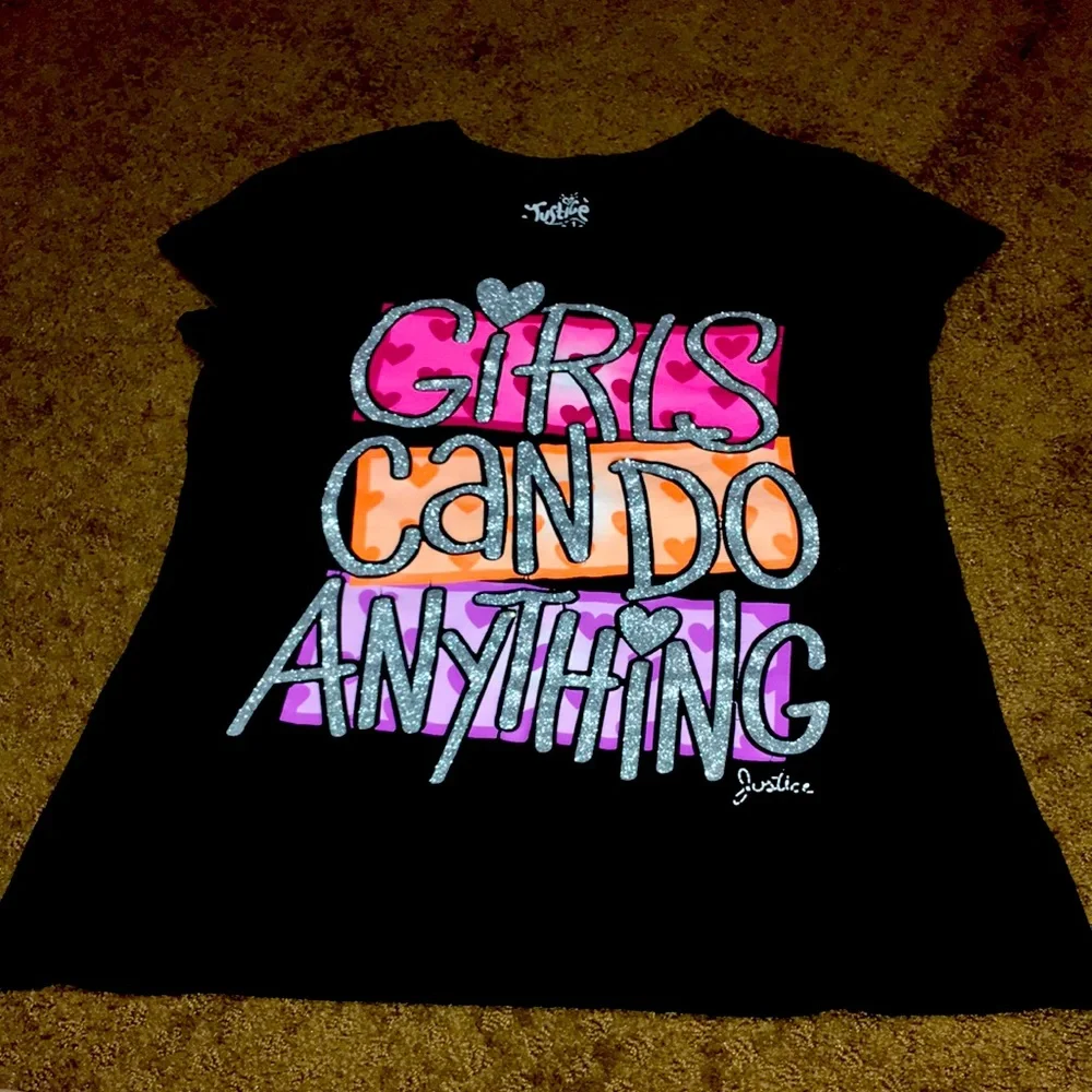 Justice Girls top size 14 Girls Can Do Anything black tshirt EUC-like new